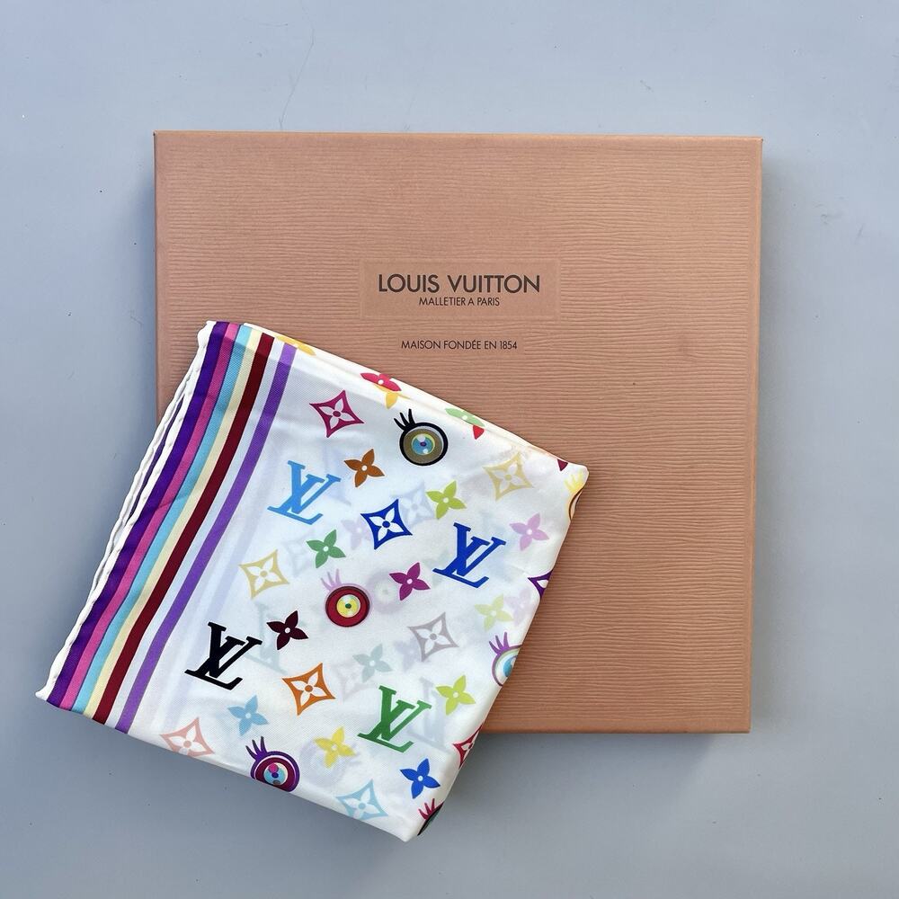Louis Vuitton Eye Love You Silk Scarf Takashi Murakami White Multicolor 27X27”